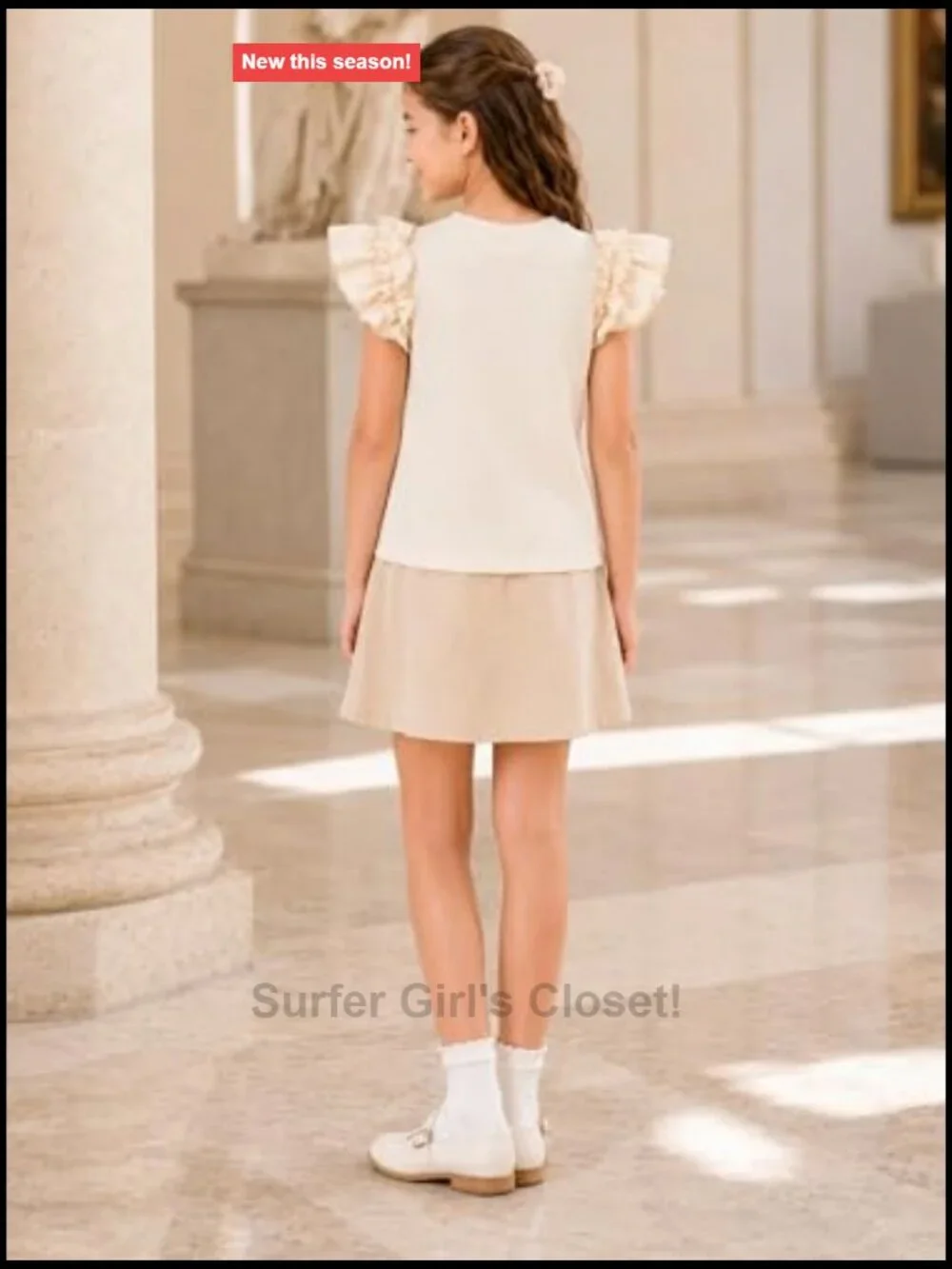 Girls Ruffle Sleeve Ribbed Knit Tee Shirt Tops Summer Casual